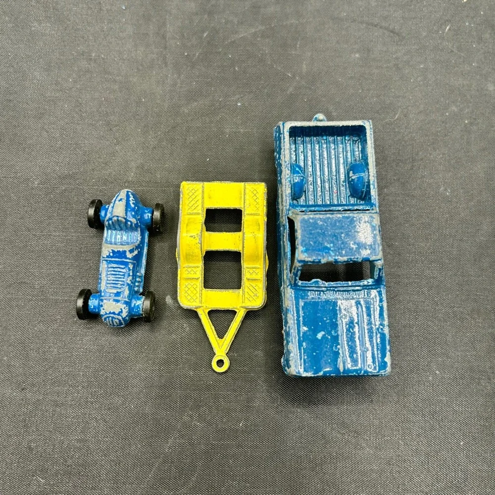 Vintage Tootsietoy Blue El Camino Truck with Race Car & Trailer 60s Diecast